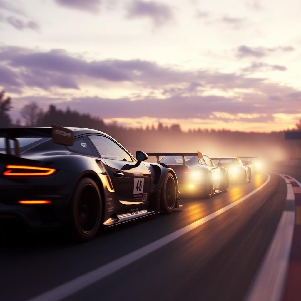 Pack of GT3 sports cars racing on a European circuit