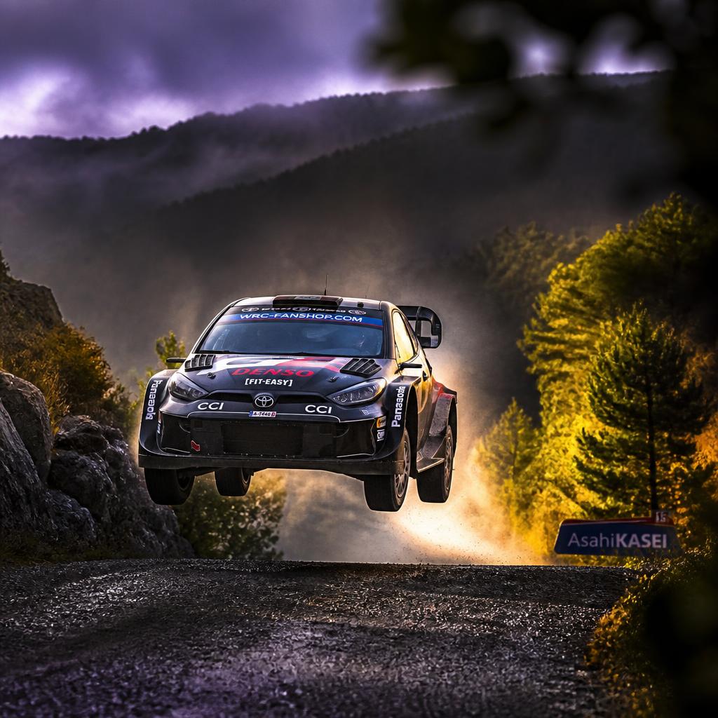 Rally car jumping mid-air on a gravel rally stage